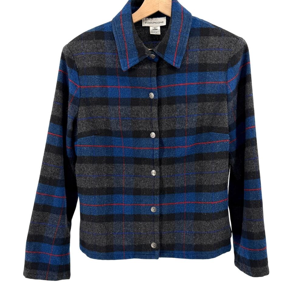 Vintage 90s Evan-Picone Blue Plaid Snap Front Flannel Jacket